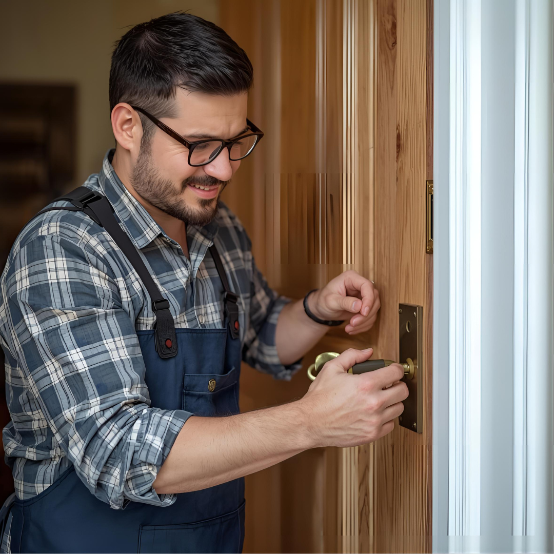 Photo de groupe de l'équipe d'artisans serruriers experts d'OnOuvreTout souriants devant leur atelier parisien