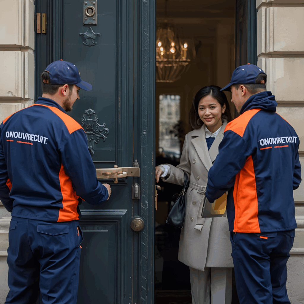 Installation professionnelle d'un kit de blindage sur une porte d'entrée par un artisan serrurier agréé