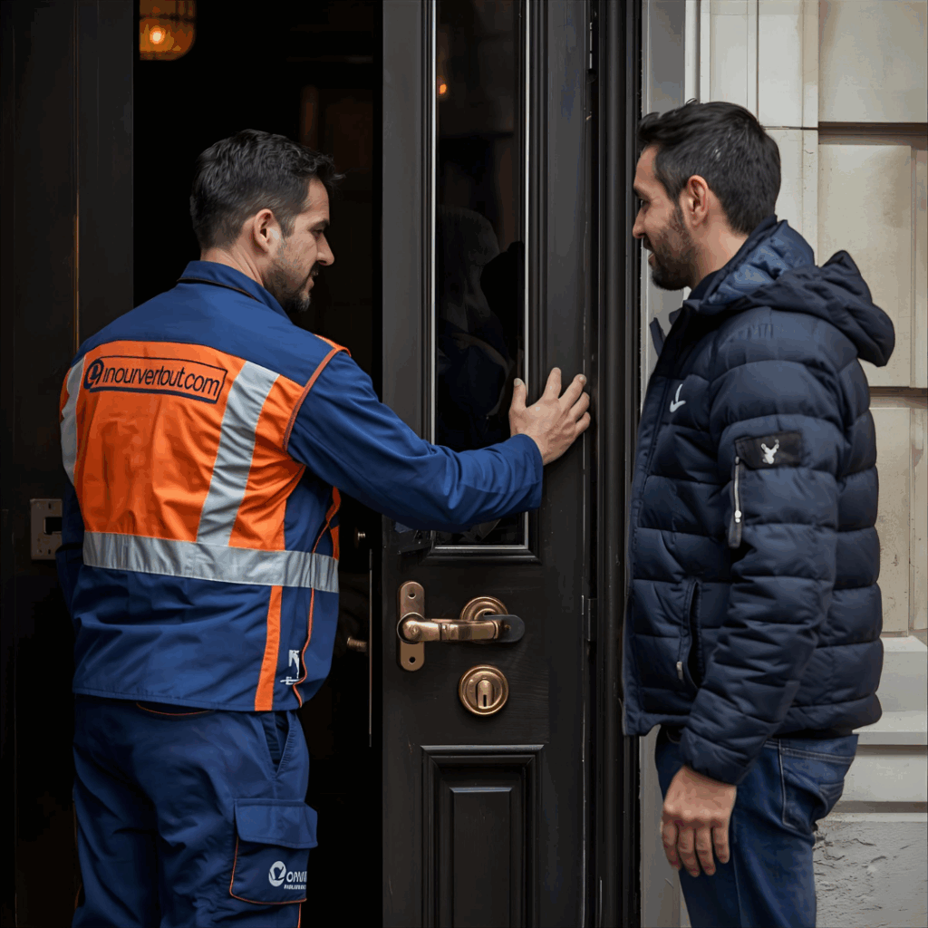 Photo d'un artisan serrurier OnOuvreTout lors d'une intervention avec un client satisfait